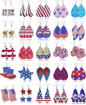 25 Pairs 4th of July Independence Day Leather Earings for Women Lightweight Star Gnome Smile Hat Patriotic Teardrop Dangle Earrings American Flag Earrings Set July 4th Decoration