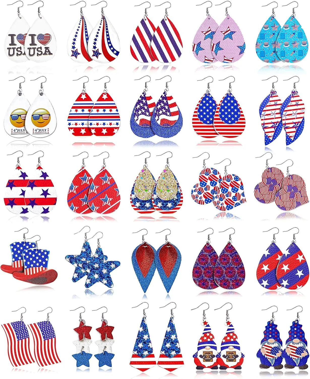 25 Pairs 4th of July Independence Day Leather Earings for Women Lightweight Star Gnome Smile Hat Patriotic Teardrop Dangle Earrings American Flag Earrings Set July 4th Decoration