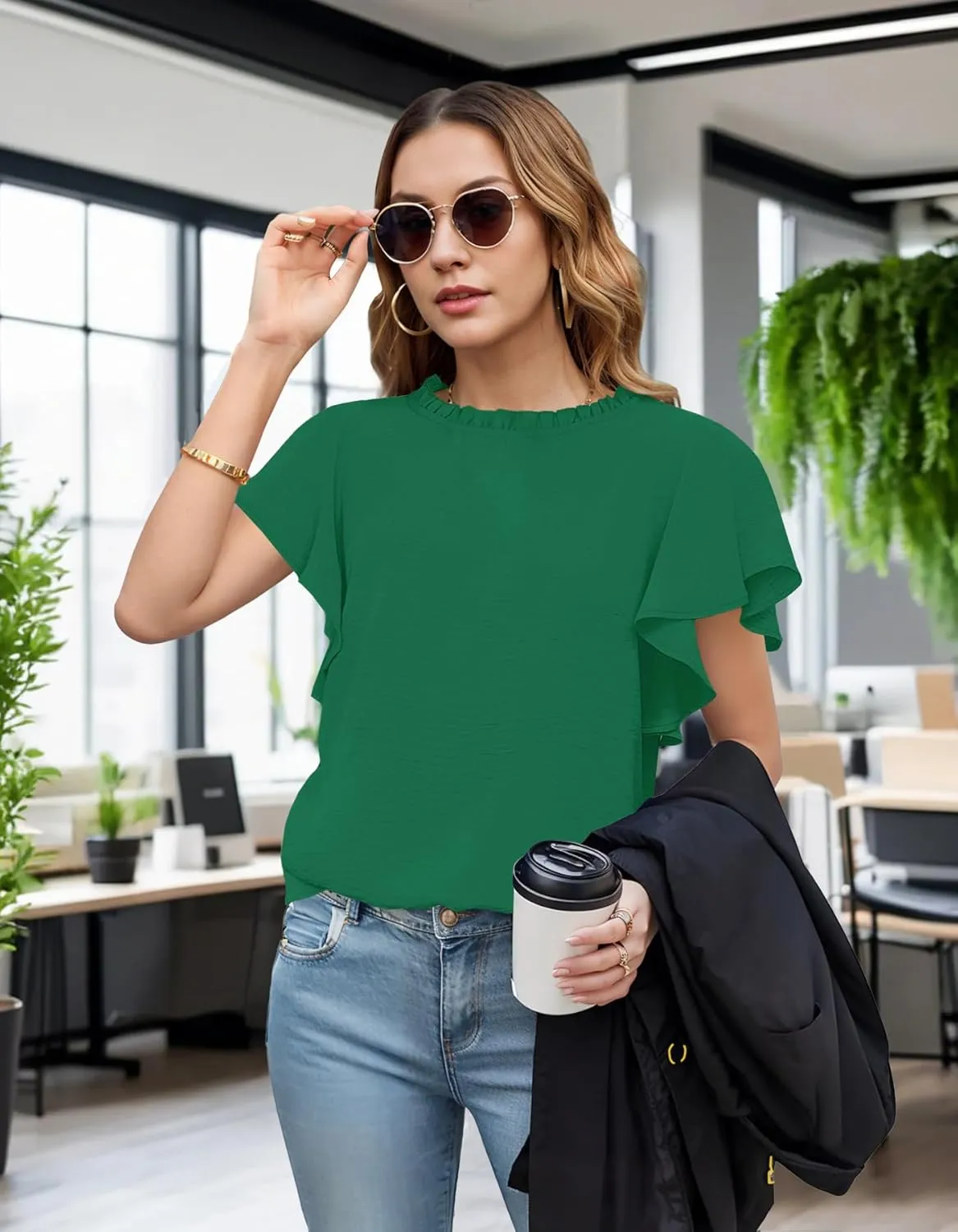 Aifer Womens Summer Ruffle Short Sleeve Dressy Casual Blouses Mock Neck Tops Elegant Work Shirts