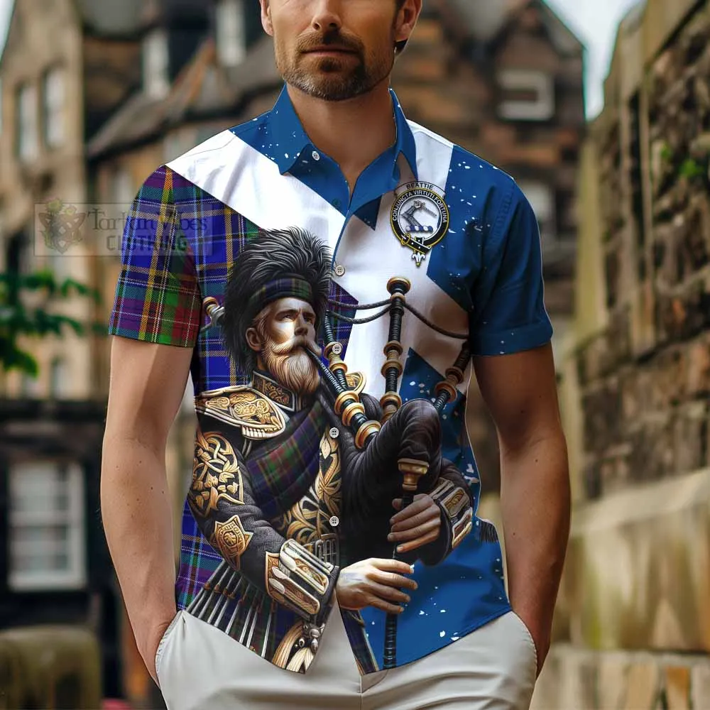 Beattie (Beatty) Tartan Short Sleeve Button Shirt with Family Crest Scottish Bagpiper Vibes