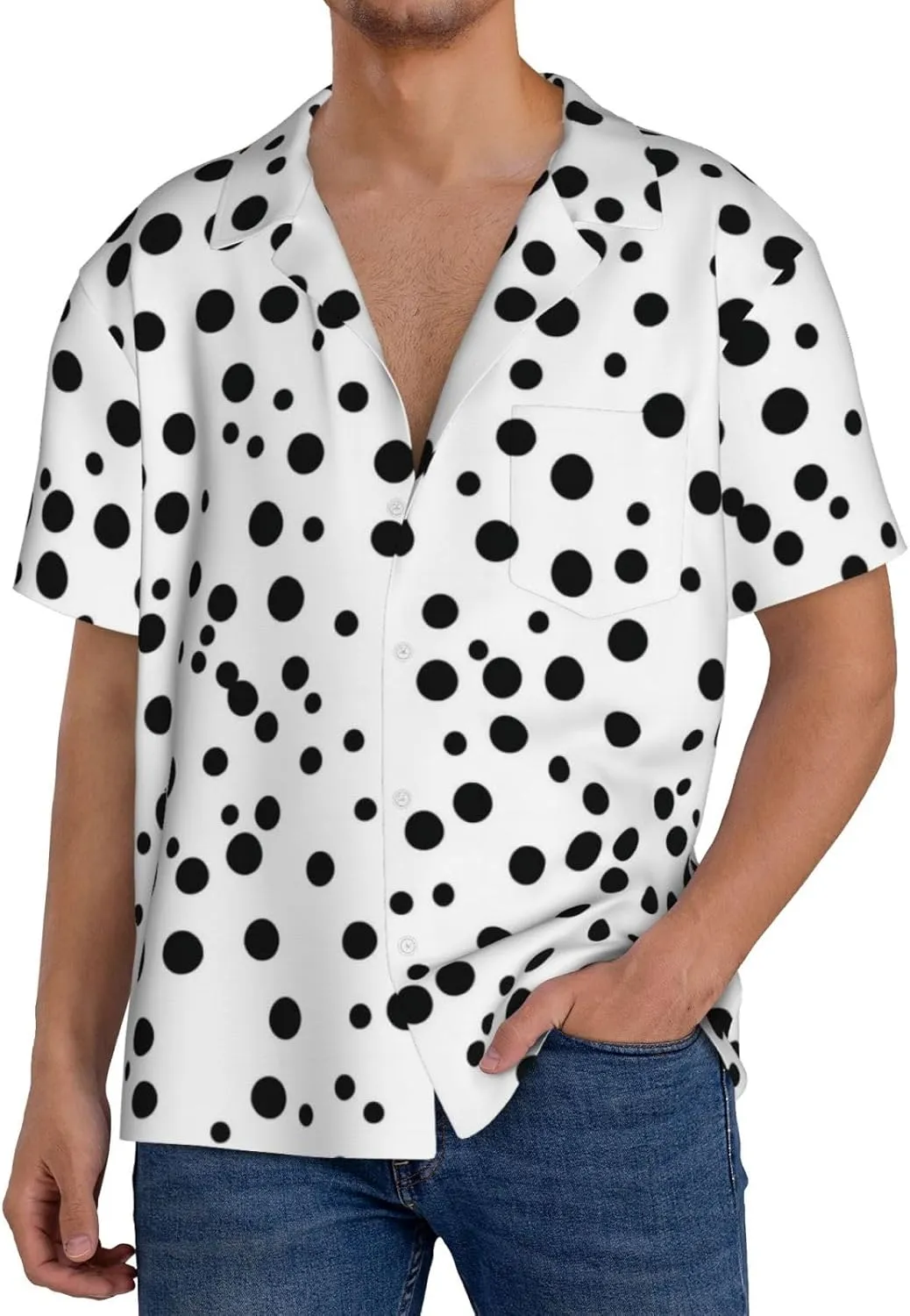Black White Polka Dot Print Men's Casual Button Down Shirts Short Sleeve Cuban Collar Shirts Stylish Vacation Beach Tops