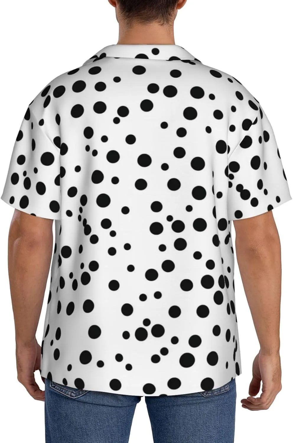 Black White Polka Dot Print Men's Casual Button Down Shirts Short Sleeve Cuban Collar Shirts Stylish Vacation Beach Tops