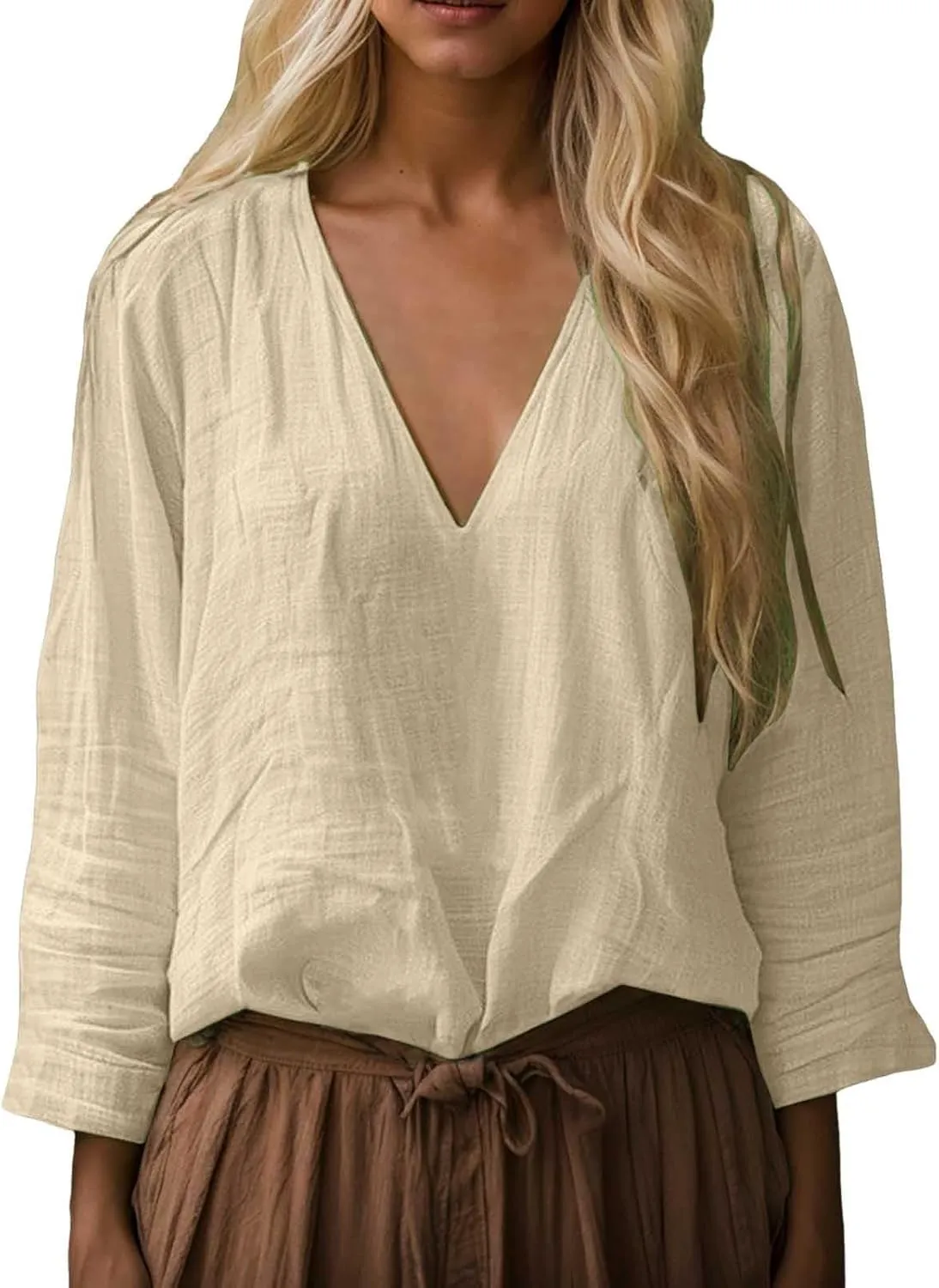 Boho Tops for Women Retro Embroidered 3/4 Sleeve Boho Tops Cotton Linen Hawaiian Shirts Resort Wear Beach Clothes