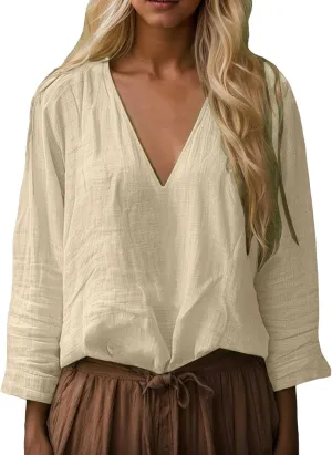 Boho Tops for Women Retro Embroidered 3/4 Sleeve Boho Tops Cotton Linen Hawaiian Shirts Resort Wear Beach Clothes