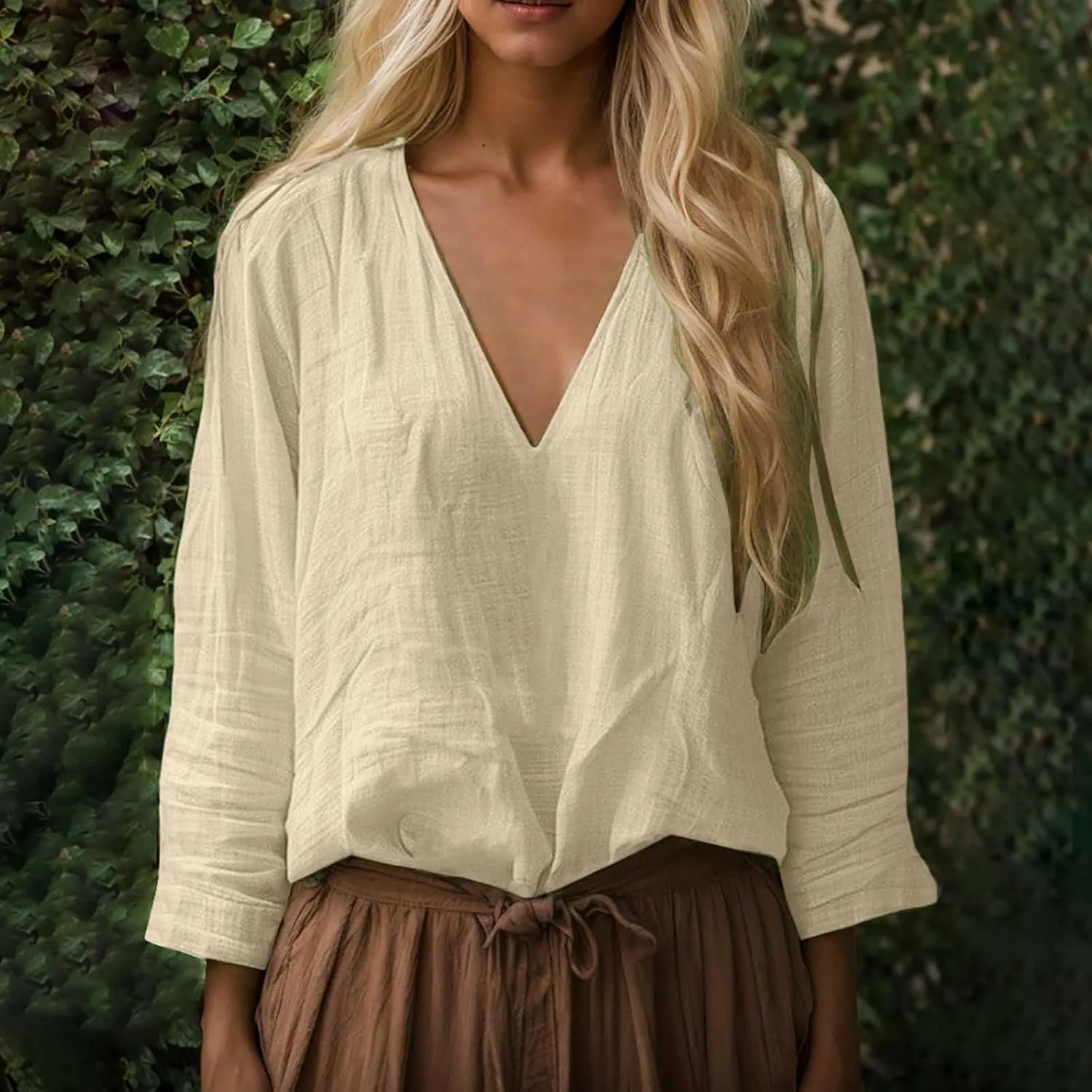 Boho Tops for Women Retro Embroidered 3/4 Sleeve Boho Tops Cotton Linen Hawaiian Shirts Resort Wear Beach Clothes