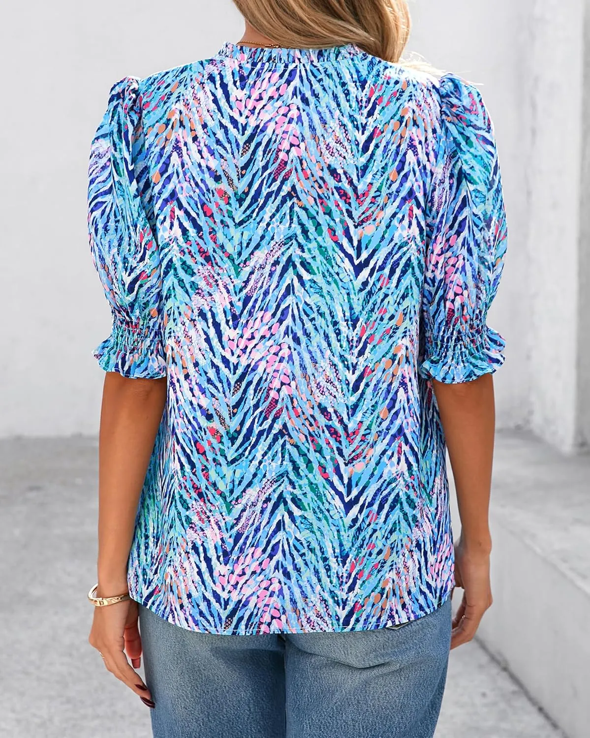 BTFBM Summer Blouses for Women Dressy Casual 2025 Spring Floral Boho Shirts V Neck Puff Short Sleeve Business Work Tops