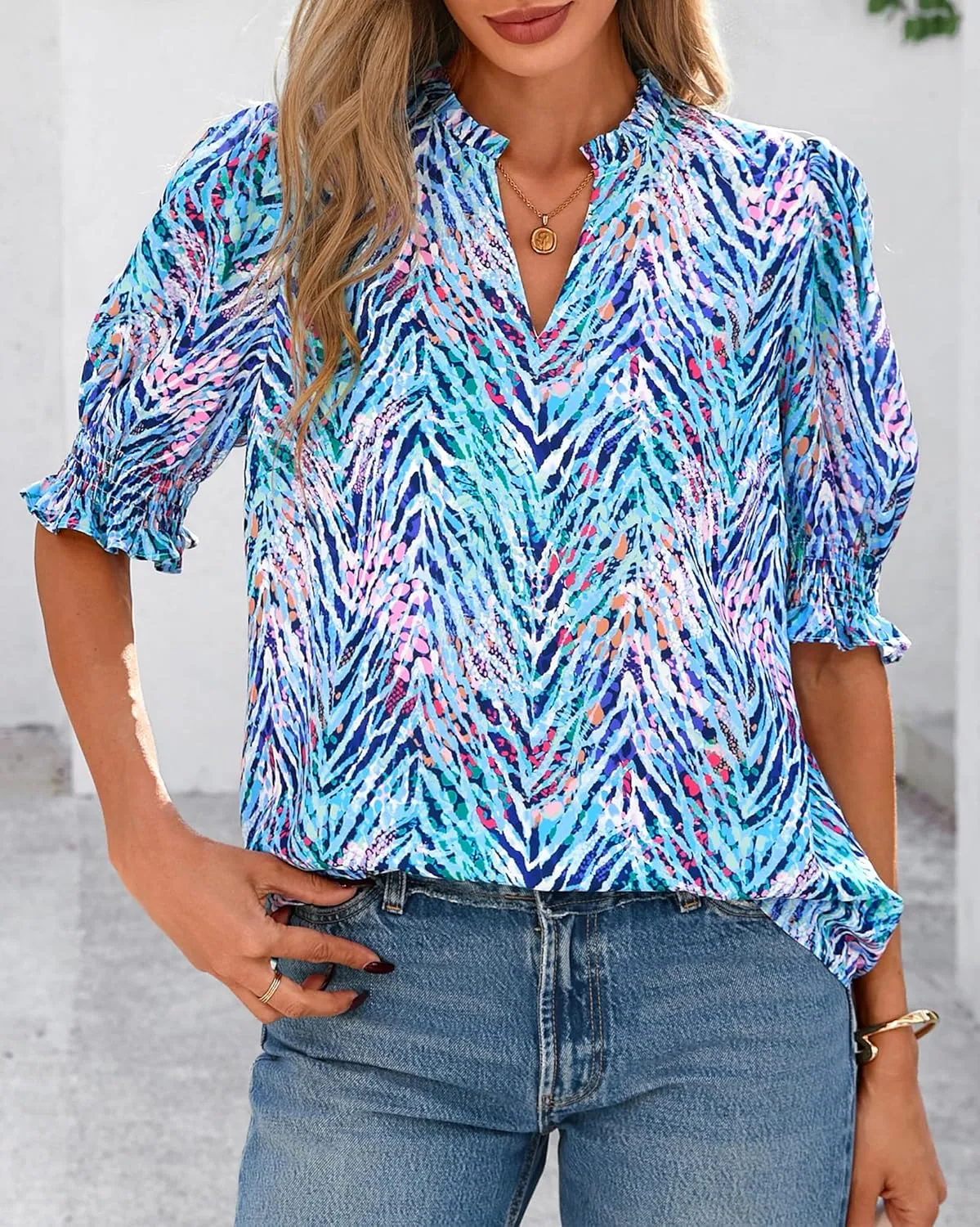 BTFBM Summer Blouses for Women Dressy Casual 2025 Spring Floral Boho Shirts V Neck Puff Short Sleeve Business Work Tops