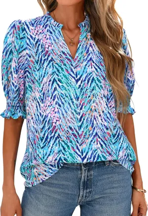 BTFBM Summer Blouses for Women Dressy Casual 2025 Spring Floral Boho Shirts V Neck Puff Short Sleeve Business Work Tops
