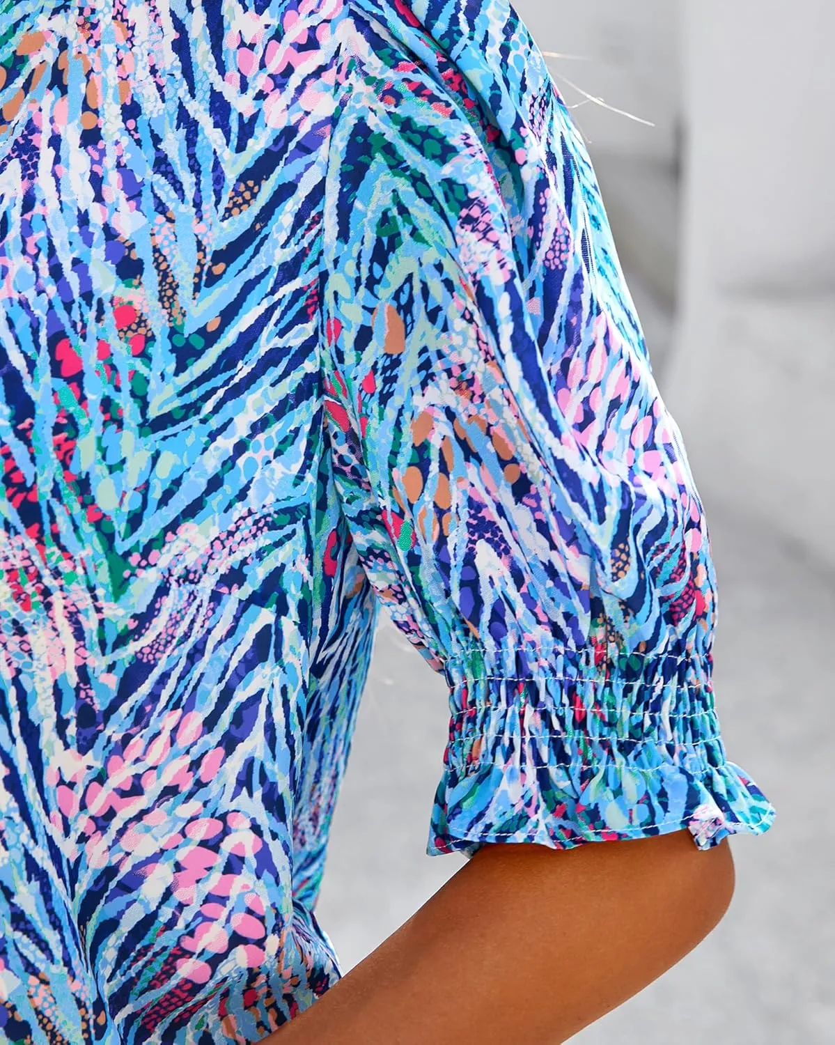 BTFBM Summer Blouses for Women Dressy Casual 2025 Spring Floral Boho Shirts V Neck Puff Short Sleeve Business Work Tops