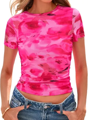 BTFBM Womens Sheer Mesh Summer Tops 2025 Crewneck Short Sleeve Print Ruched Crop Top Slim Fit Club Going Out T Shirts