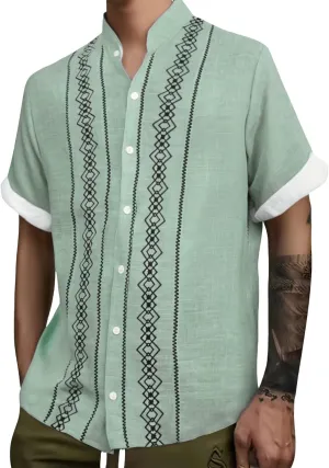 CRNTCEM Mens Button Down Boho Beach Shirts Cotton Linen Tropical Holiday Shirts Short Sleeve Floral Striped Casual Shirt