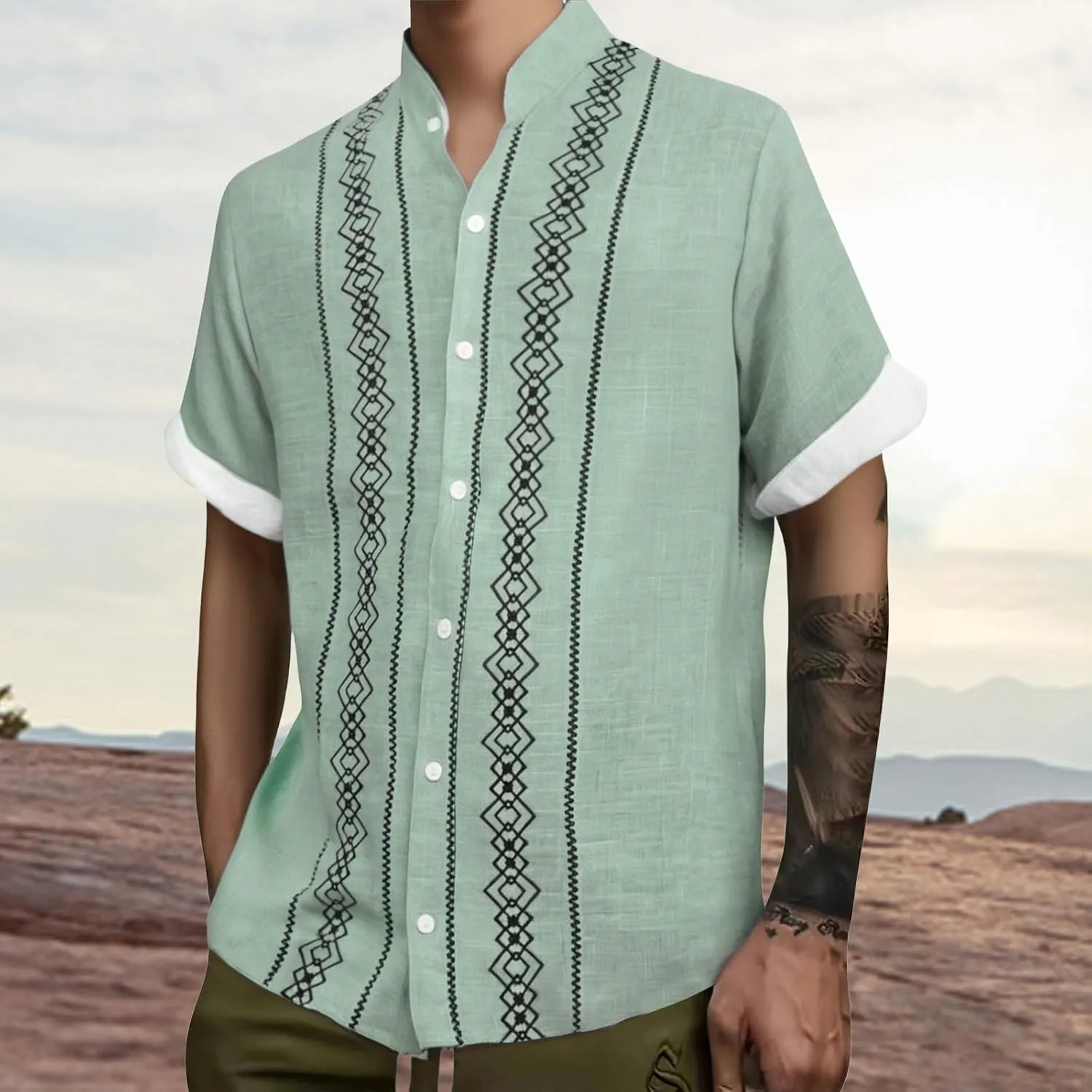 CRNTCEM Mens Button Down Boho Beach Shirts Cotton Linen Tropical Holiday Shirts Short Sleeve Floral Striped Casual Shirt