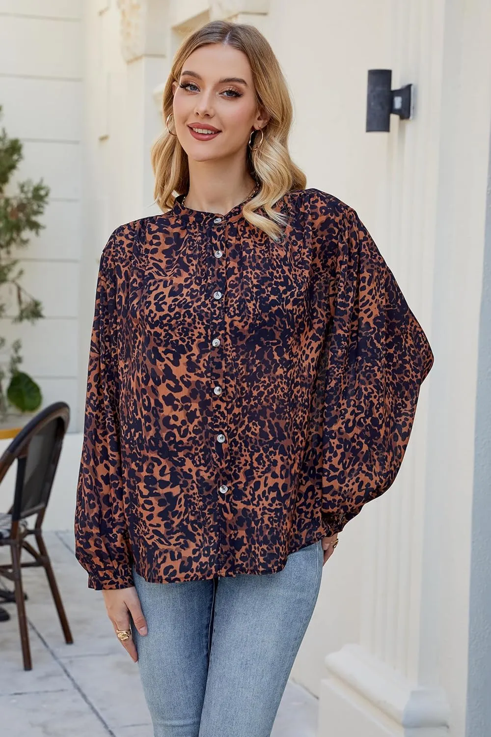 D-Sun Women Printed Shirts Button Down Blouses Long Sleeve Crewneck Lantern Batwing Casual Chiffon Dressy Loose Tops