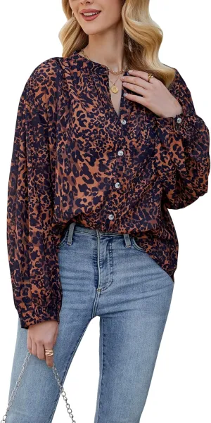 D-Sun Women Printed Shirts Button Down Blouses Long Sleeve Crewneck Lantern Batwing Casual Chiffon Dressy Loose Tops