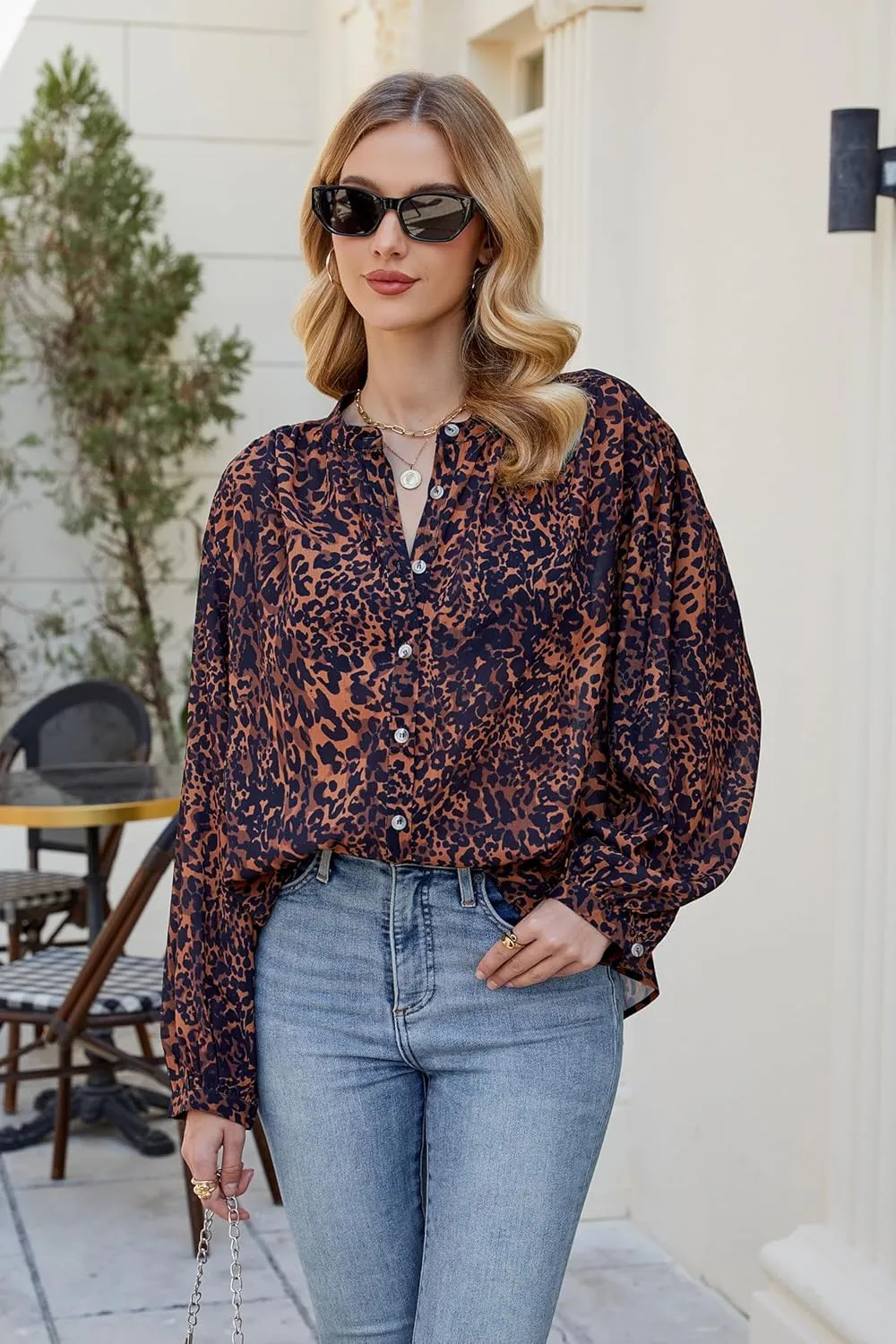 D-Sun Women Printed Shirts Button Down Blouses Long Sleeve Crewneck Lantern Batwing Casual Chiffon Dressy Loose Tops