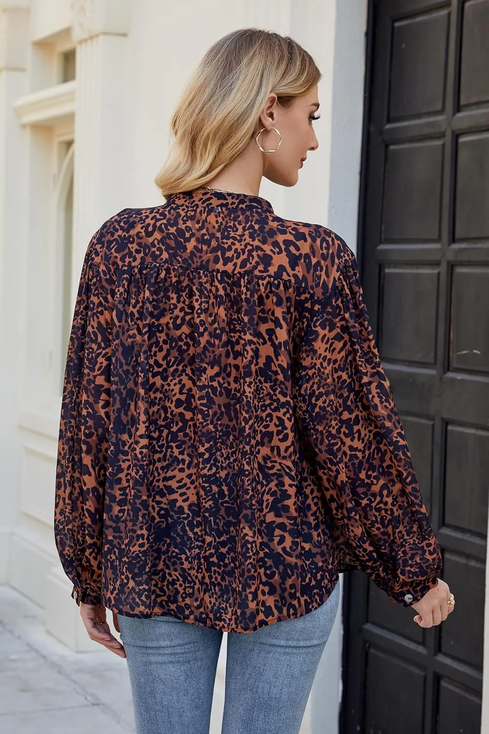 D-Sun Women Printed Shirts Button Down Blouses Long Sleeve Crewneck Lantern Batwing Casual Chiffon Dressy Loose Tops