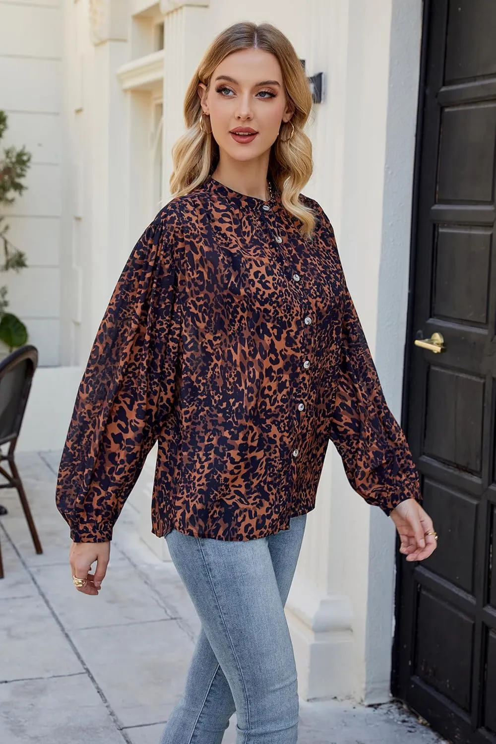 D-Sun Women Printed Shirts Button Down Blouses Long Sleeve Crewneck Lantern Batwing Casual Chiffon Dressy Loose Tops