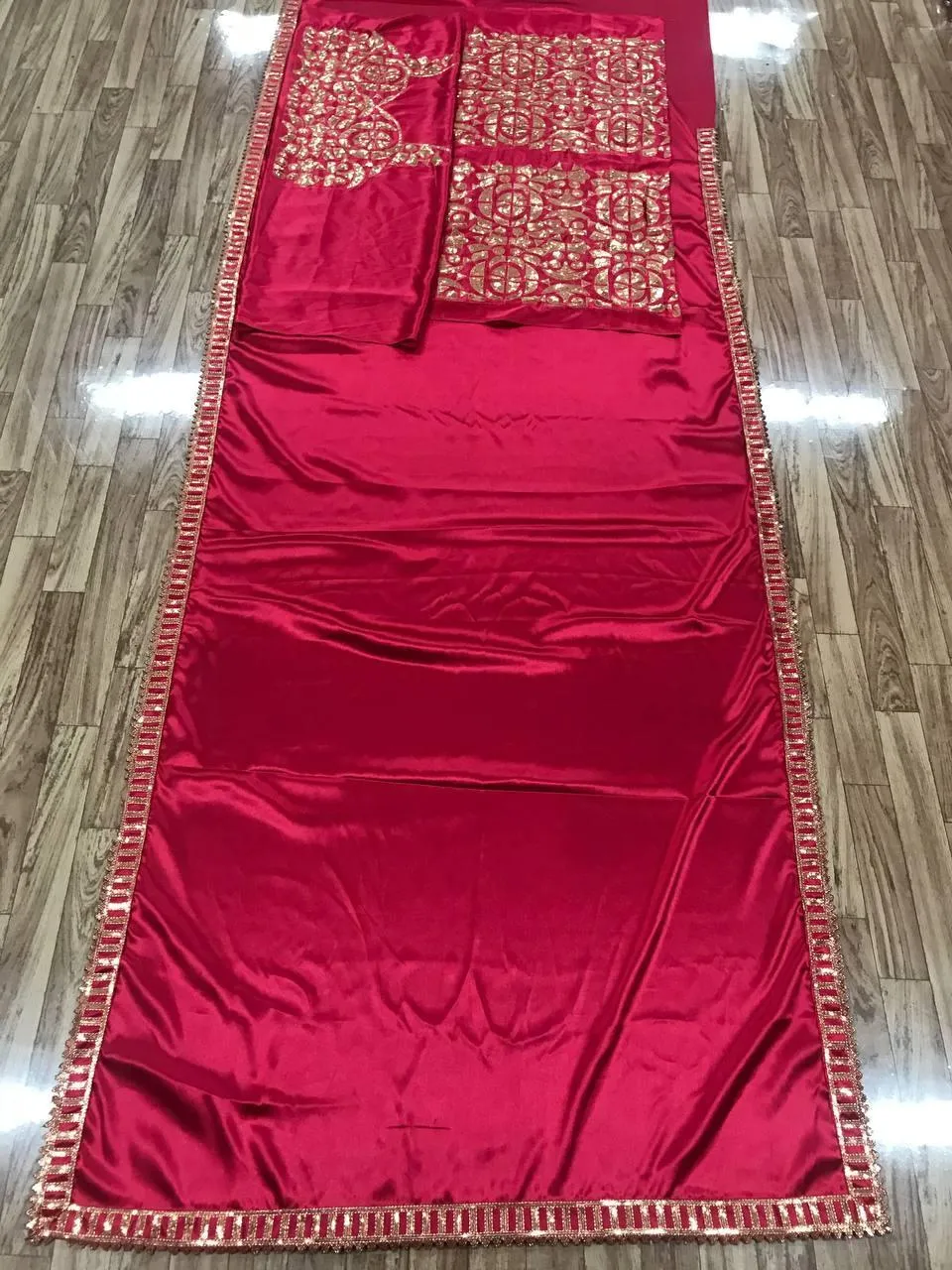 Deep Pink Japan Satin Embroidery Sequins Lace Saree