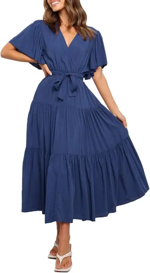 Dresses for Women Spring Wrap Dress Ruffle Short Sleeve V Neck Midi Dress Tiered Fashion Dress Summer with Belt