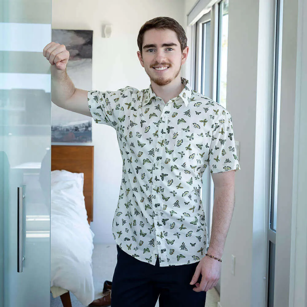 ELLIS Short Sleeve Shirt in Natural with Green Butterfly Print