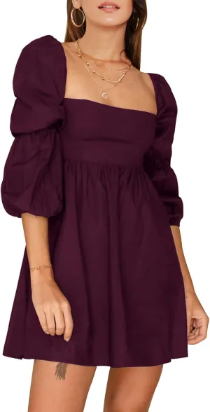 EXLURA Womens 2025 Square Neck Dress Long Puff Sleeve A-Line Casual Short Mini Dresses
