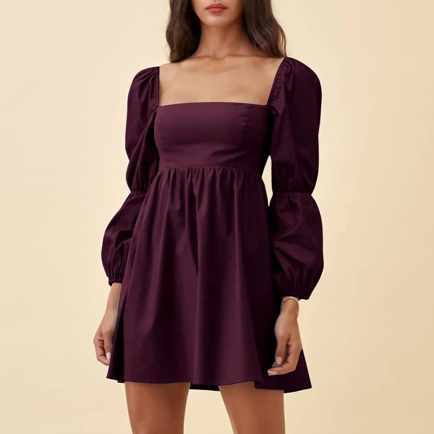EXLURA Womens 2025 Square Neck Dress Long Puff Sleeve A-Line Casual Short Mini Dresses