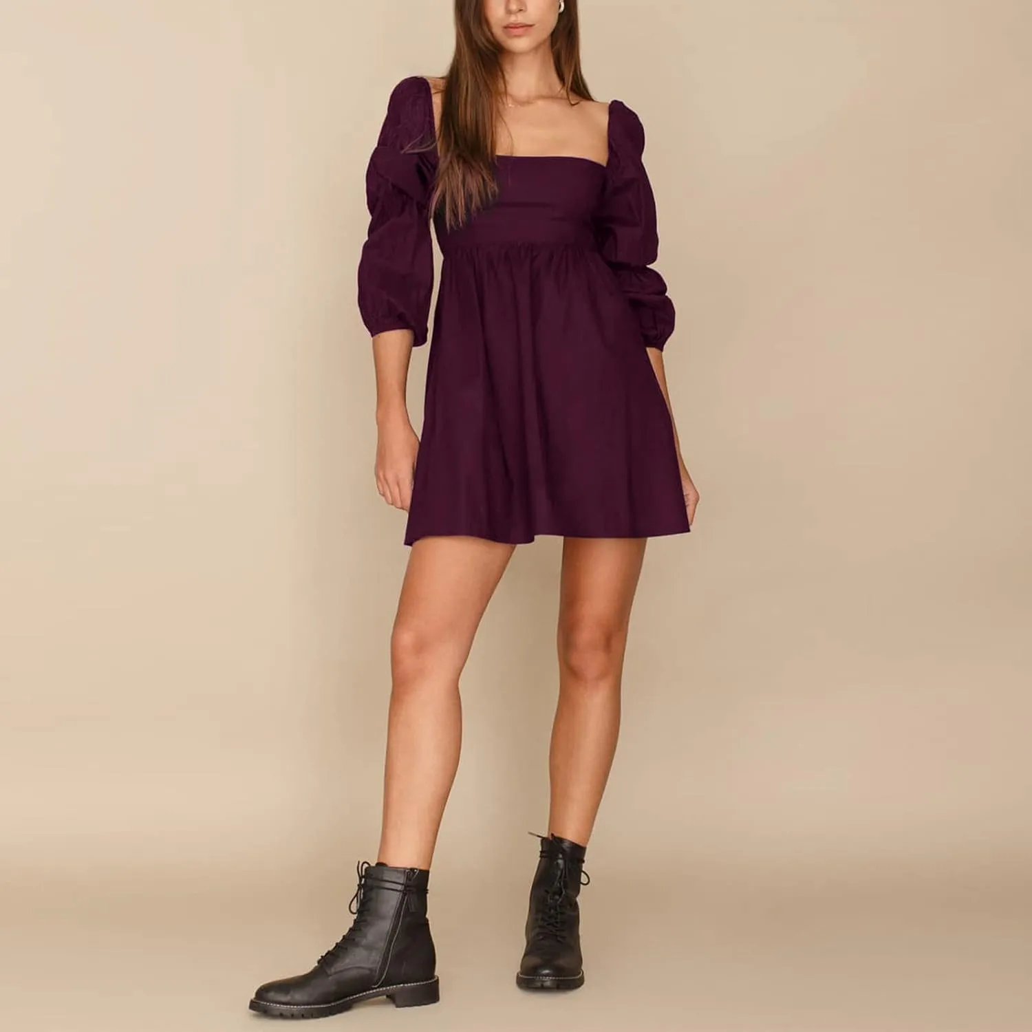 EXLURA Womens 2025 Square Neck Dress Long Puff Sleeve A-Line Casual Short Mini Dresses