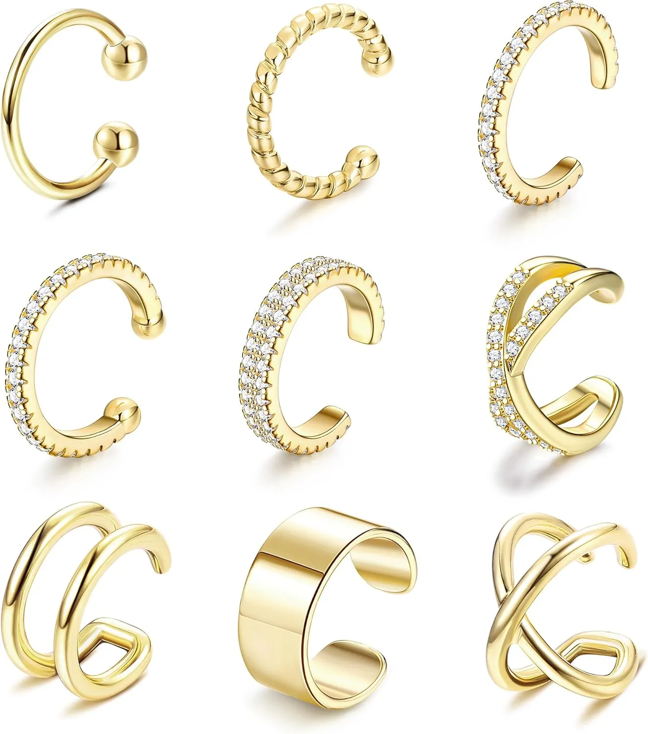 Finrezio 9Pcs Ear Cuffs for Women Non Piercing 18K Gold Plated Cuff Earrings Non Pierced Gold Ear Cuff Clip on Cartilage Earring Adjustable Fake Earrings
