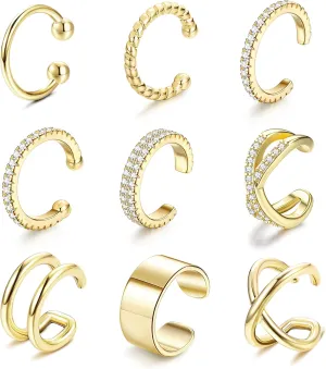 Finrezio 9Pcs Ear Cuffs for Women Non Piercing 18K Gold Plated Cuff Earrings Non Pierced Gold Ear Cuff Clip on Cartilage Earring Adjustable Fake Earrings