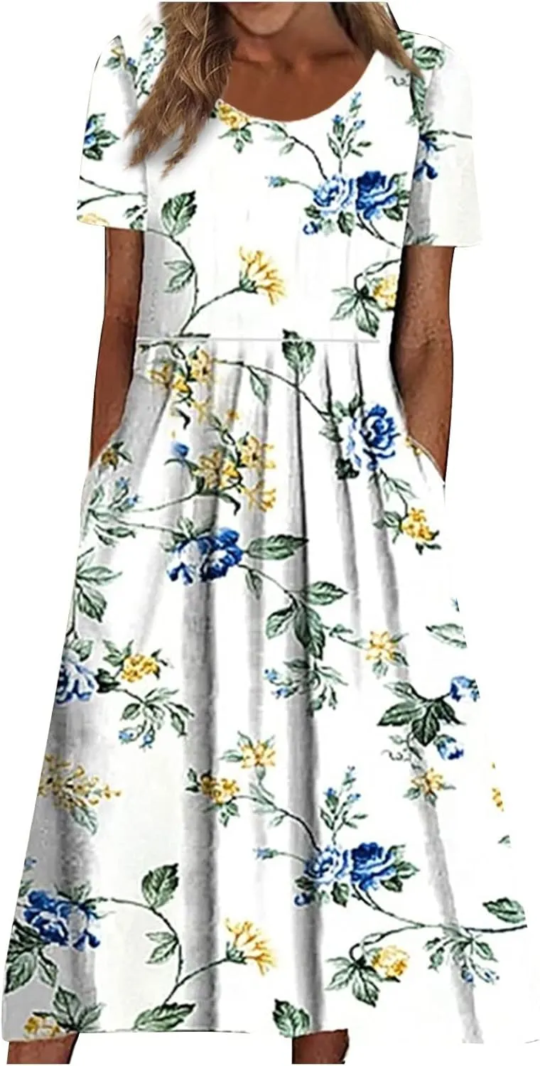 FlekmanArt Dresses for Women 2024 Round Neck Pocket Long Dresses Pleated Printed Dresses Short Sleeve Casual Beach Dress