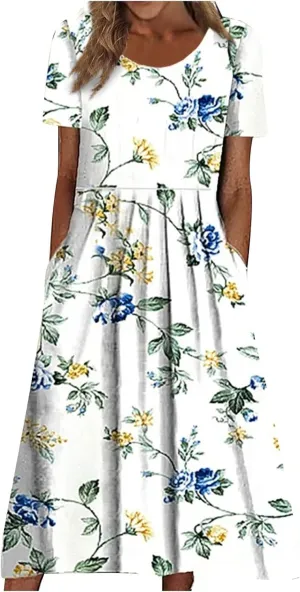 FlekmanArt Dresses for Women 2024 Round Neck Pocket Long Dresses Pleated Printed Dresses Short Sleeve Casual Beach Dress