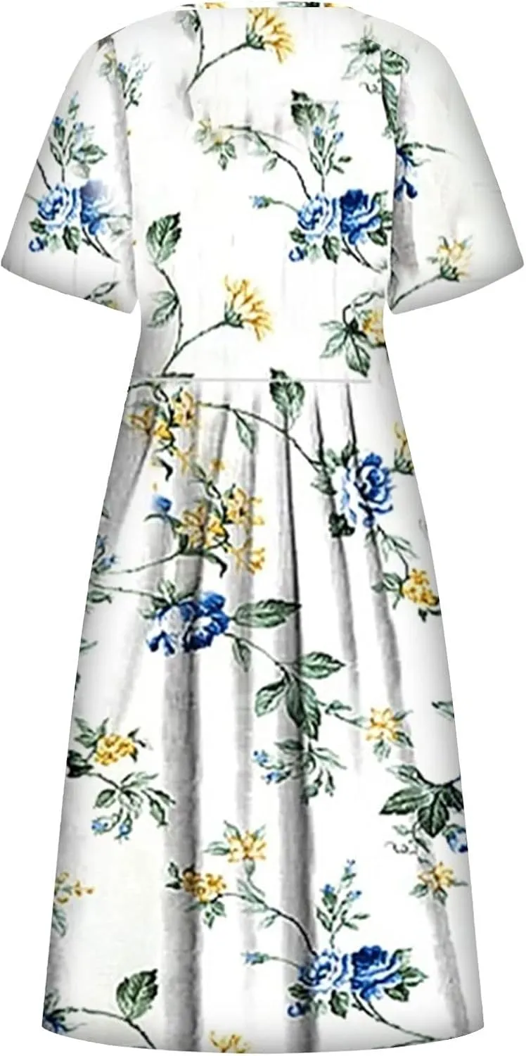 FlekmanArt Dresses for Women 2024 Round Neck Pocket Long Dresses Pleated Printed Dresses Short Sleeve Casual Beach Dress