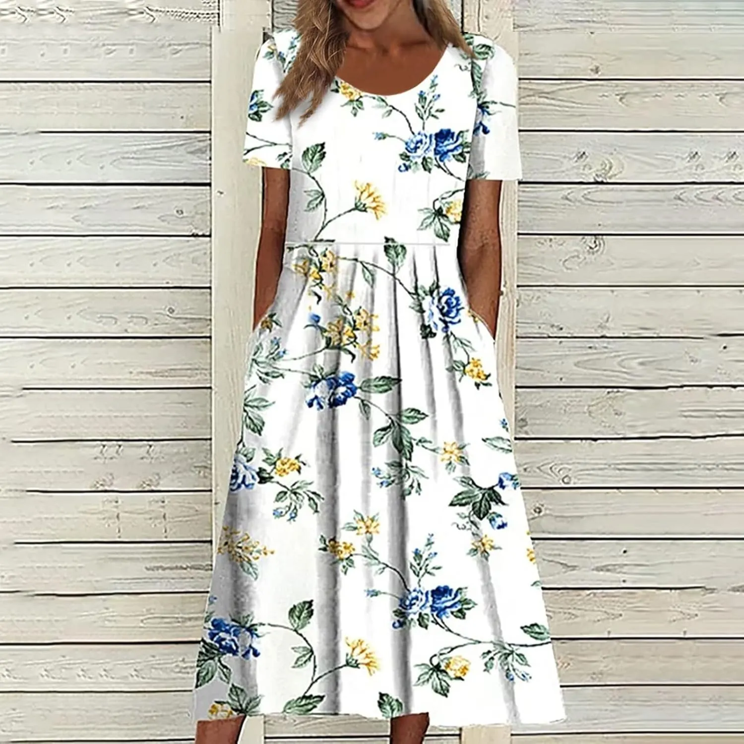 FlekmanArt Dresses for Women 2024 Round Neck Pocket Long Dresses Pleated Printed Dresses Short Sleeve Casual Beach Dress