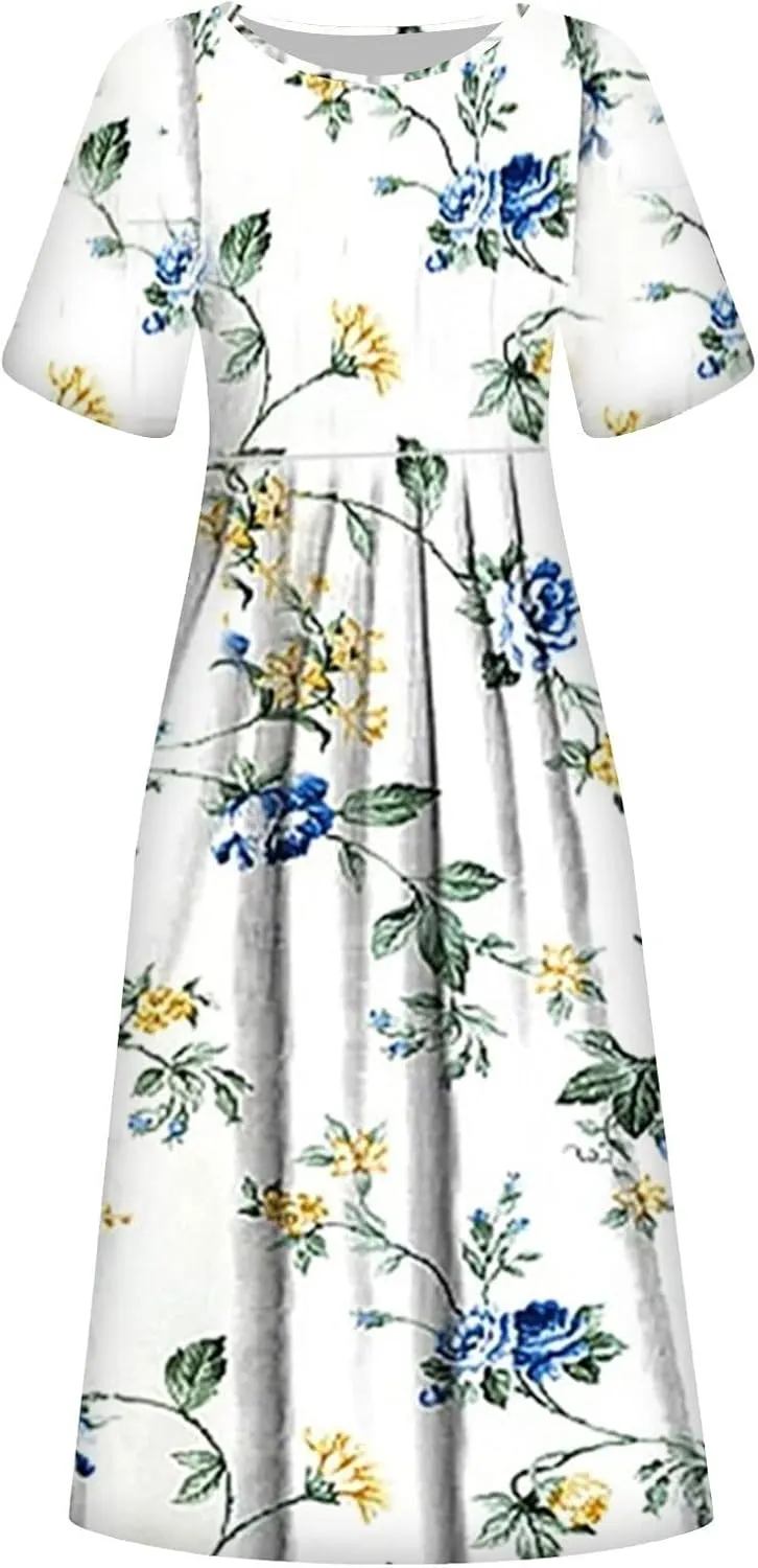 FlekmanArt Dresses for Women 2024 Round Neck Pocket Long Dresses Pleated Printed Dresses Short Sleeve Casual Beach Dress