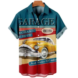 Hawaiian shirt vintage, Hawaii shirts mens, Men's Retro Contrast Color Stitching Garage Car Casual Shirt