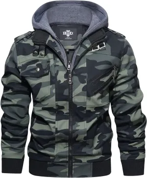 HOOD CREW Mens Casual Stand Collar PU Faux Leather Zip-Up Motorcycle Bomber Jacket With a Removable Hood