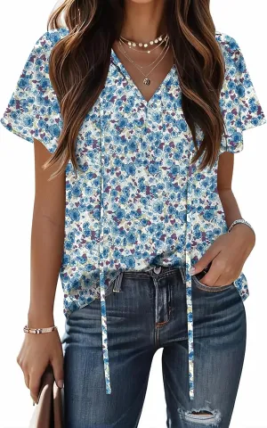 HOTOUCH Women's Casual Short Sleeve Shirts Summer Printed V Neck Blouses Drawstring Ruffled Boho T Shirt Flowy Tunic