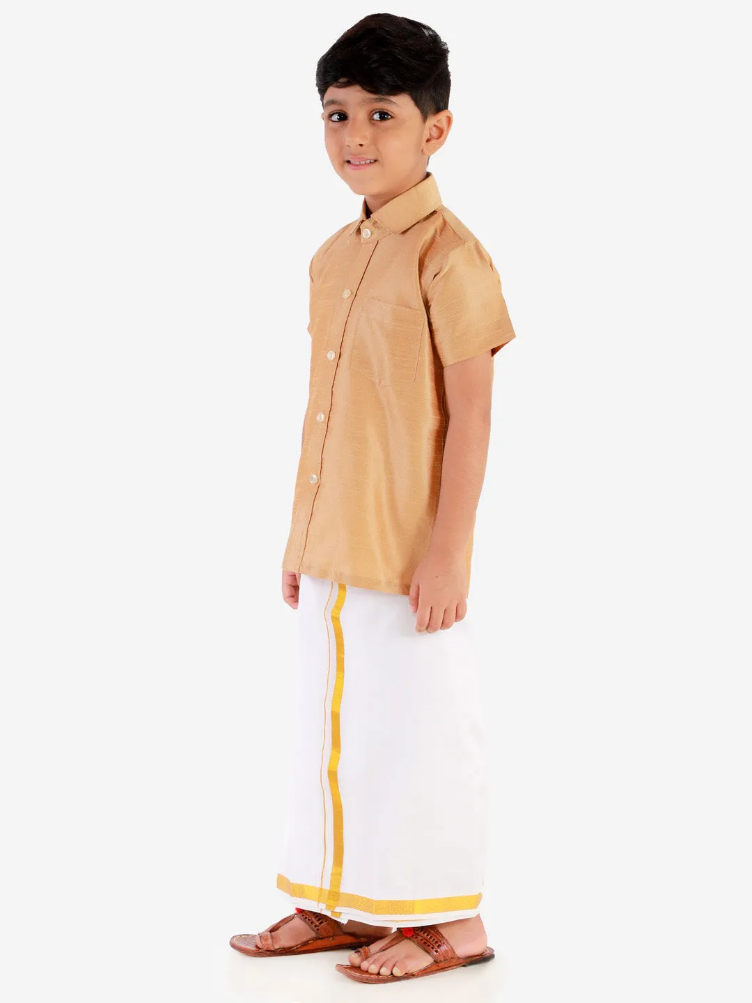 Jashvi Boys' Rose gold Silk Short Sleeves Ethnic Shirt Mundu Vesty Style Dhoti Pant Set