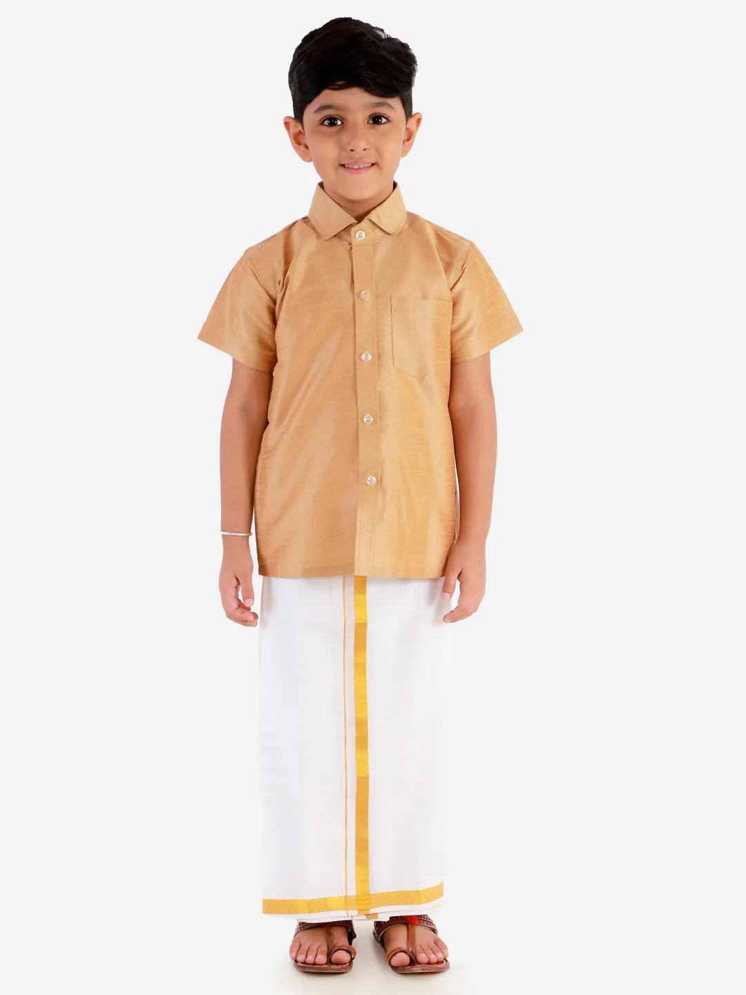 Jashvi Boys' Rose gold Silk Short Sleeves Ethnic Shirt Mundu Vesty Style Dhoti Pant Set