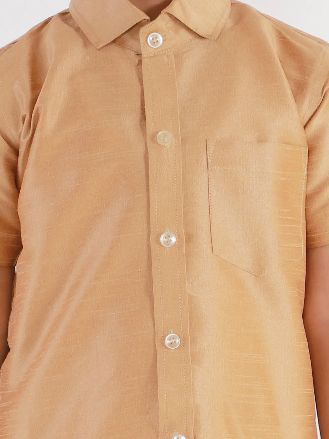 Jashvi Boys' Rose gold Silk Short Sleeves Ethnic Shirt Mundu Vesty Style Dhoti Pant Set
