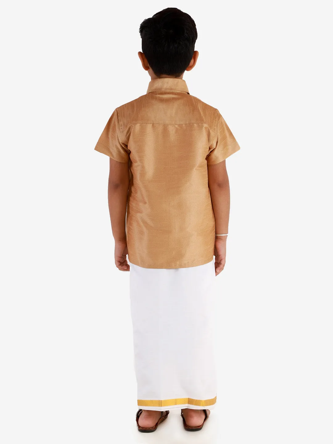 Jashvi Boys' Rose gold Silk Short Sleeves Ethnic Shirt Mundu Vesty Style Dhoti Pant Set