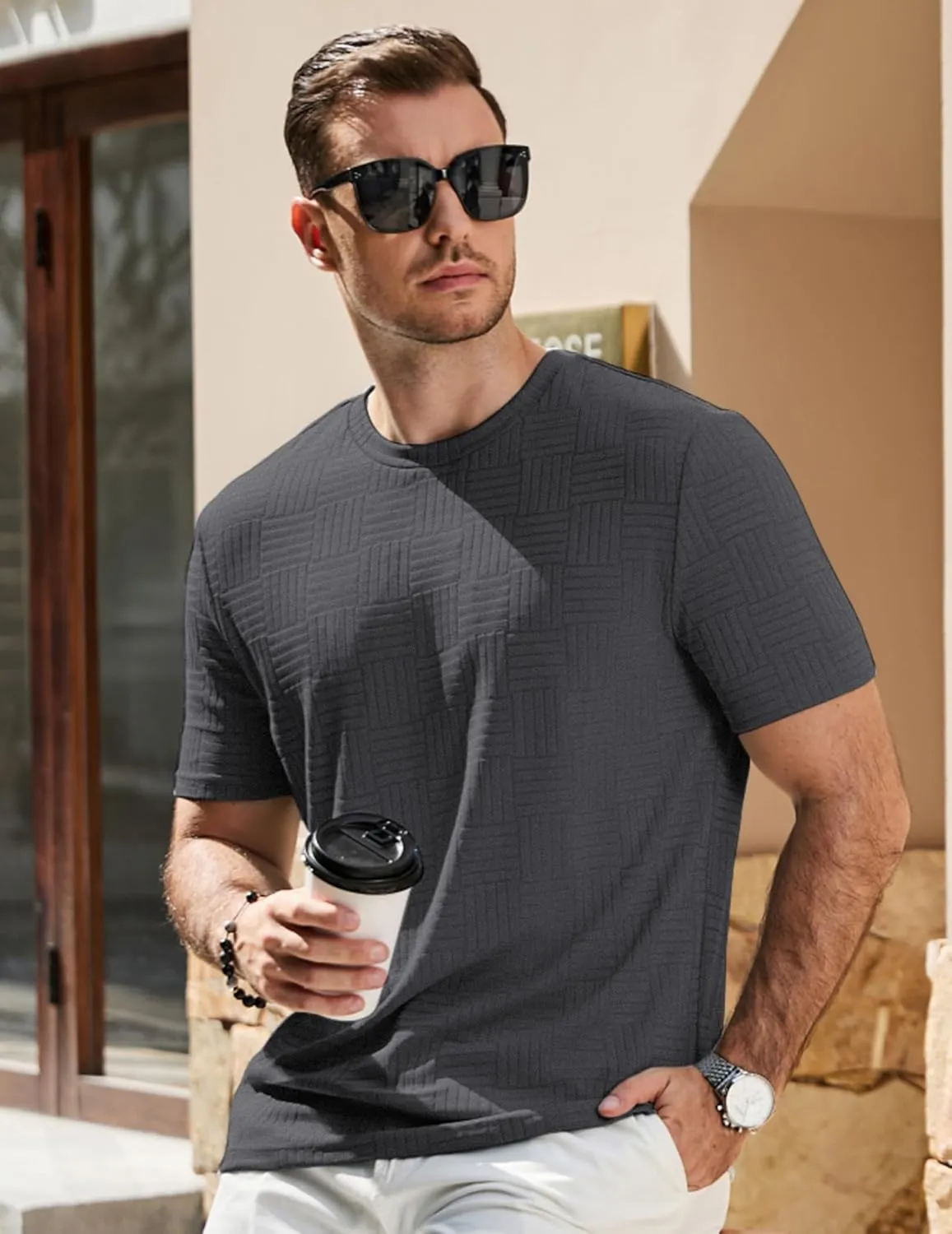 JMIERR Mens T-Shirt Casual Stretch Solid Crewneck Short Sleeve Tees Textured Shirts