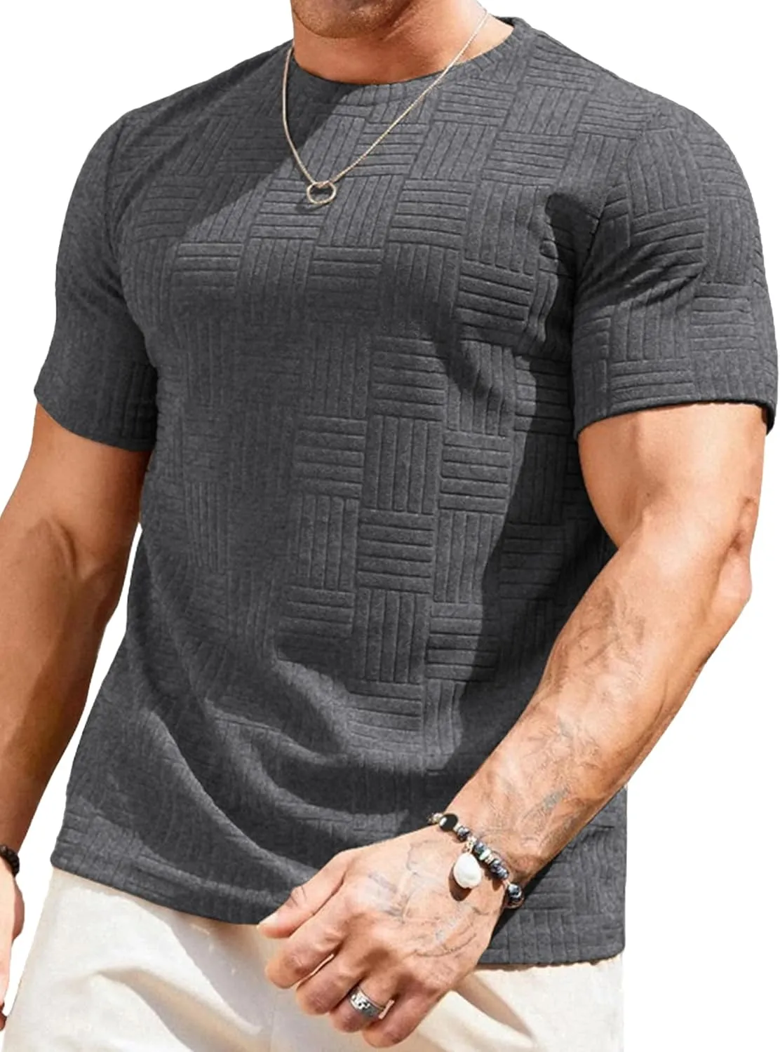 JMIERR Mens T-Shirt Casual Stretch Solid Crewneck Short Sleeve Tees Textured Shirts