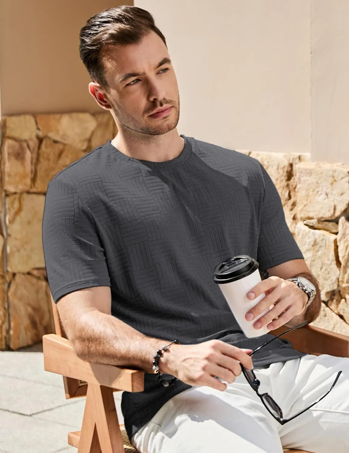 JMIERR Mens T-Shirt Casual Stretch Solid Crewneck Short Sleeve Tees Textured Shirts