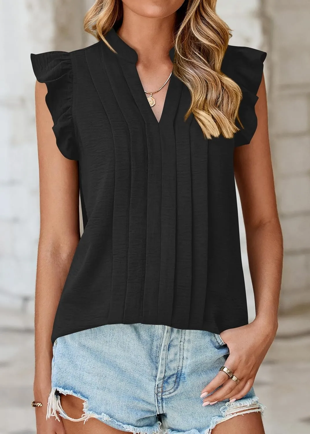 KIRUNDO Spring Tops for Women Lightweight Blouses Dressy Casual Ruffle Sleeve V Neck Pleated Business Casual Summer Shirts
