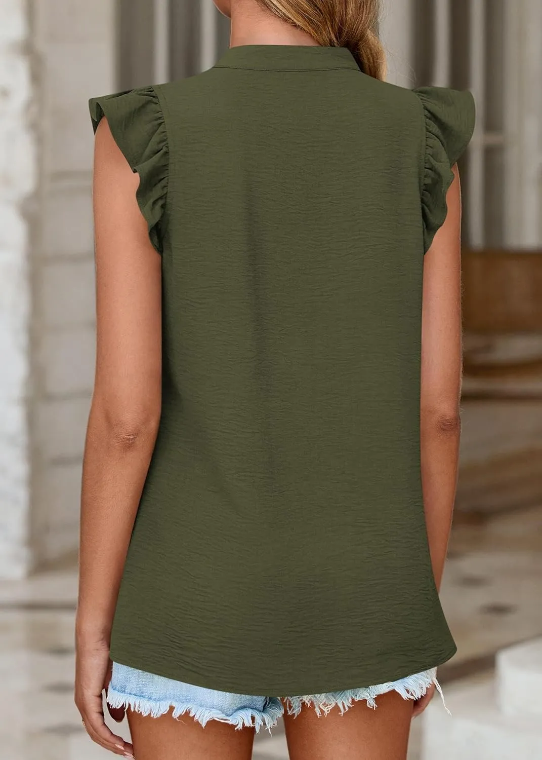 KIRUNDO Spring Tops for Women Lightweight Blouses Dressy Casual Ruffle Sleeve V Neck Pleated Business Casual Summer Shirts
