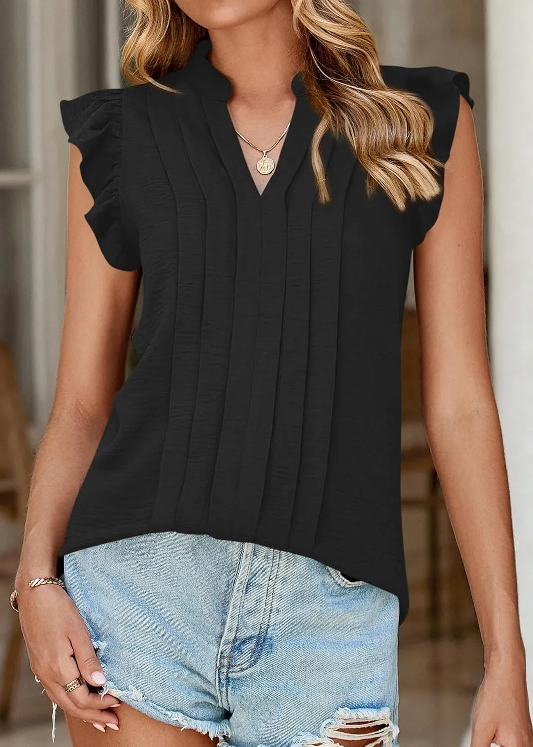 KIRUNDO Spring Tops for Women Lightweight Blouses Dressy Casual Ruffle Sleeve V Neck Pleated Business Casual Summer Shirts
