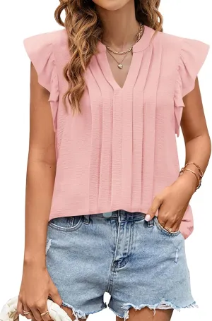 KIRUNDO Spring Tops for Women Lightweight Blouses Dressy Casual Ruffle Sleeve V Neck Pleated Business Casual Summer Shirts