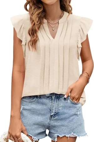 KIRUNDO Spring Tops for Women Lightweight Blouses Dressy Casual Ruffle Sleeve V Neck Pleated Business Casual Summer Shirts