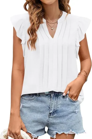 KIRUNDO Spring Tops for Women Lightweight Blouses Dressy Casual Ruffle Sleeve V Neck Pleated Business Casual Summer Shirts